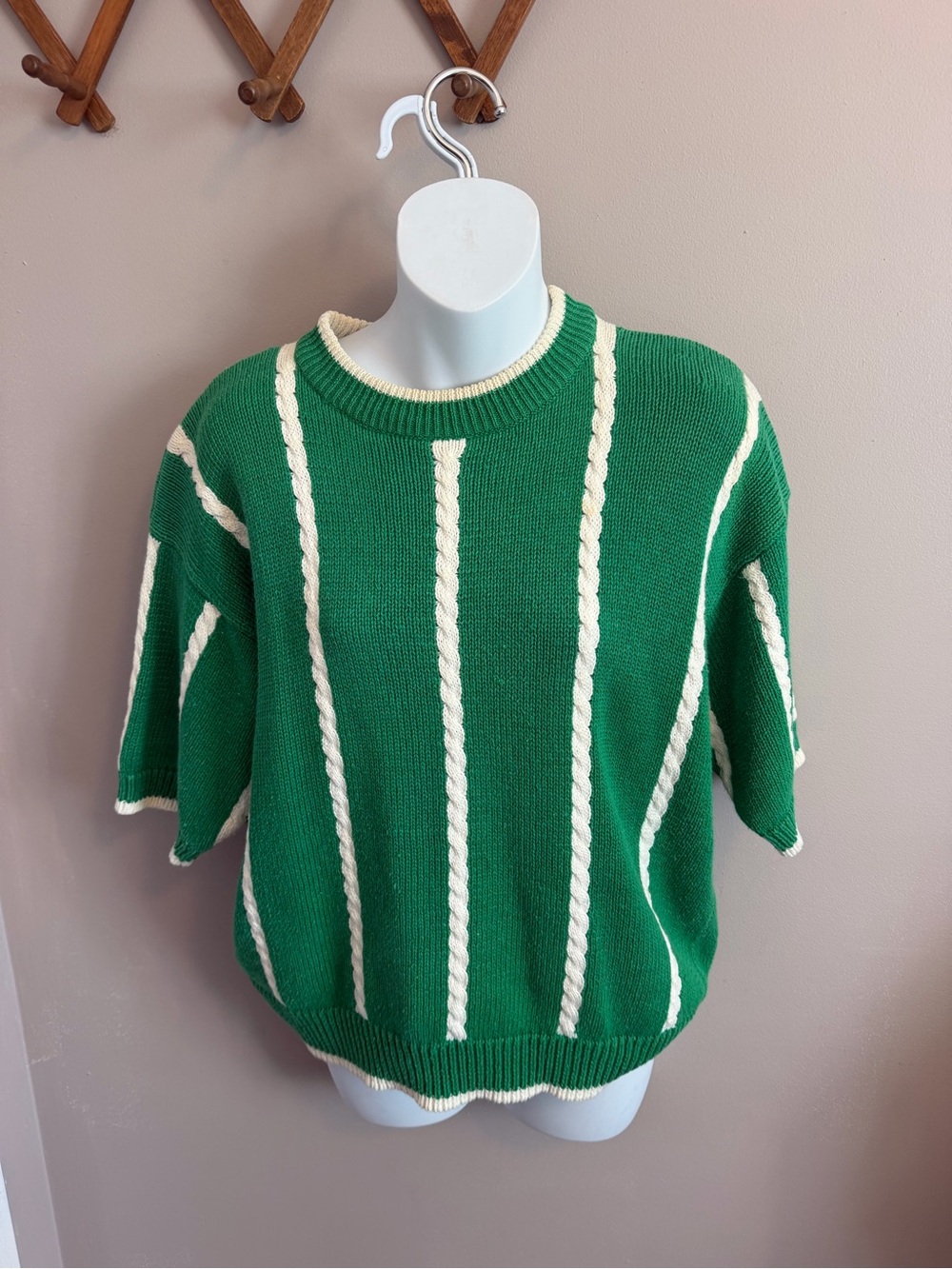 Vintage Cape Isle Knitters Green White Cable Knit Short Sleeve Sweater Sailing M